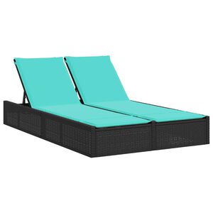 vidaXL Dubbele ligstoel met kussens zwart poly rattan