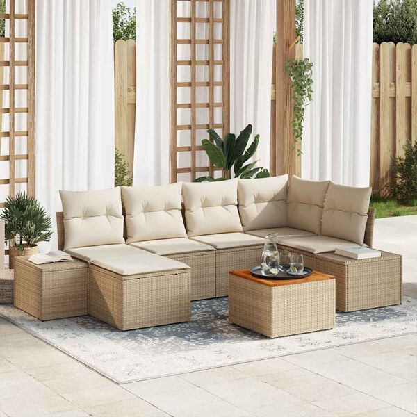 vidaXL Tuinbankenset met kussen 7 pcs Beige poly rattan