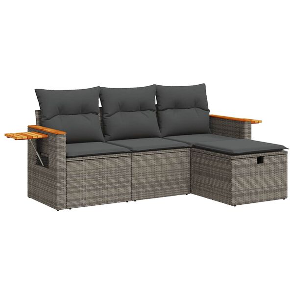 vidaXL 4-delige Loungeset met kussens poly rattan grijs