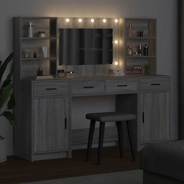 vidaXL Make-up tafel set met LED 3 pcs Grijs Sonoma Bewerkt hout