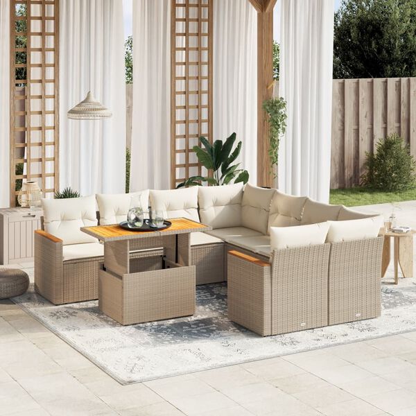 vidaXL 9-delige Loungeset met kussens poly rattan beige
