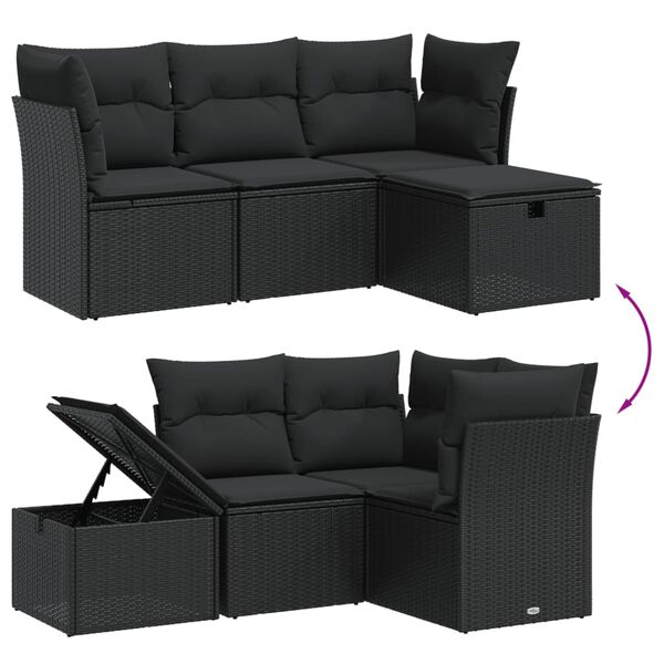 vidaXL 4-delige Loungeset met kussens poly rattan zwart