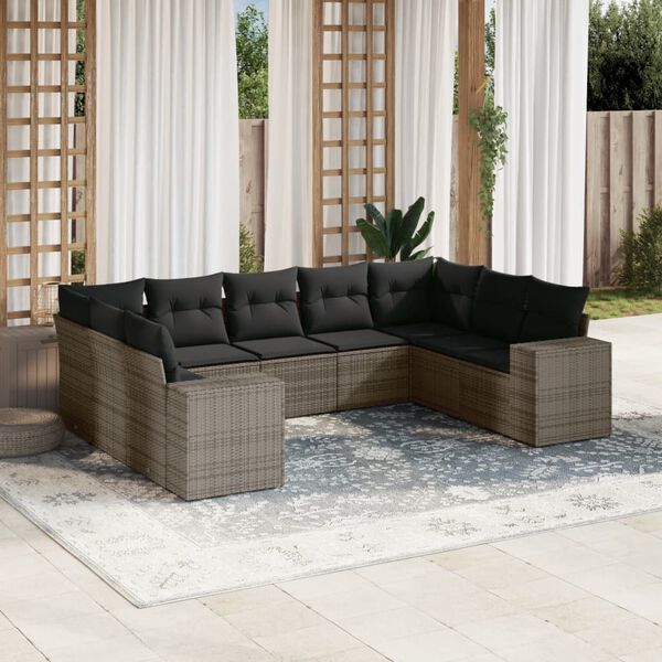 vidaXL 9-delige Loungeset met kussens poly rattan grijs