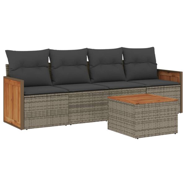 vidaXL 5-delige Loungeset met kussens poly rattan grijs
