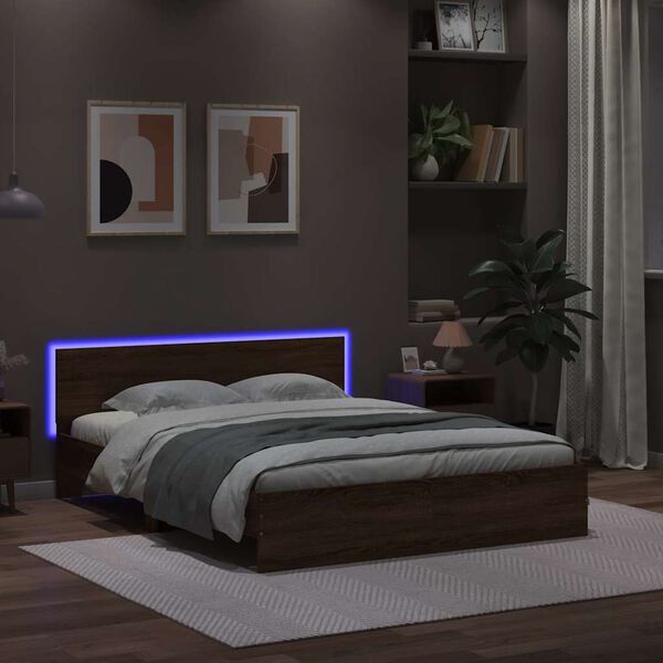 vidaXL Bedframe met hoofdeinde en LED bruin eikenkleur 150x200 cm