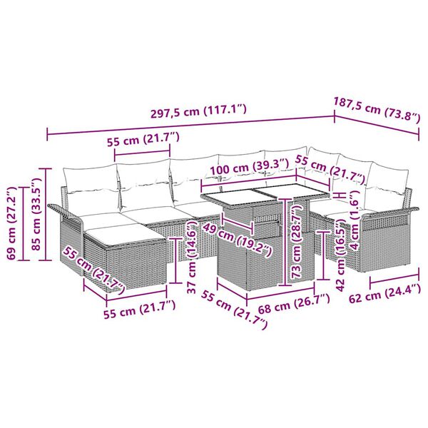 vidaXL Tuin Sofa Set met kussen met opslag 9 pcs Beige en Licht Grijs