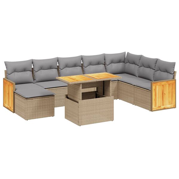 vidaXL 9-delige Loungeset met kussens poly rattan beige