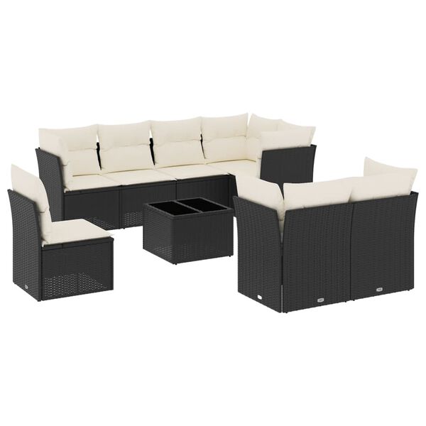vidaXL 9-delige Loungeset met kussens poly rattan zwart