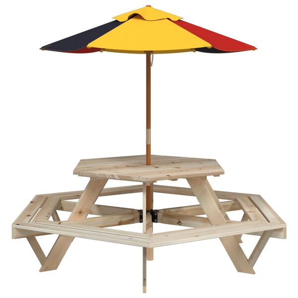 vidaXL Picknicktafel voor 4 kinderen met parasol zeshoekig vurenhout
