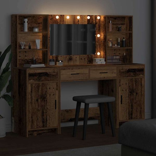 vidaXL Make-up tafel set met LED met lade 3 pcs Oudhout Bewerkt hout