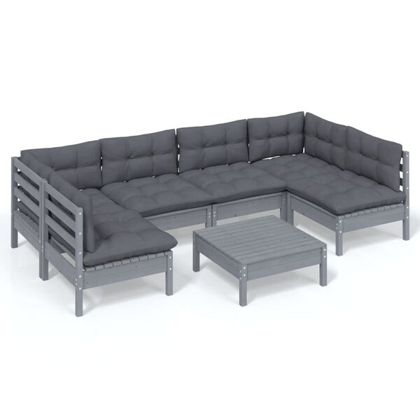 vidaXL 7-delige Loungeset met kussens massief grenenhout grijs