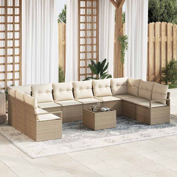 vidaXL Bankstel met kussen 11 pcs Beige poly rattan