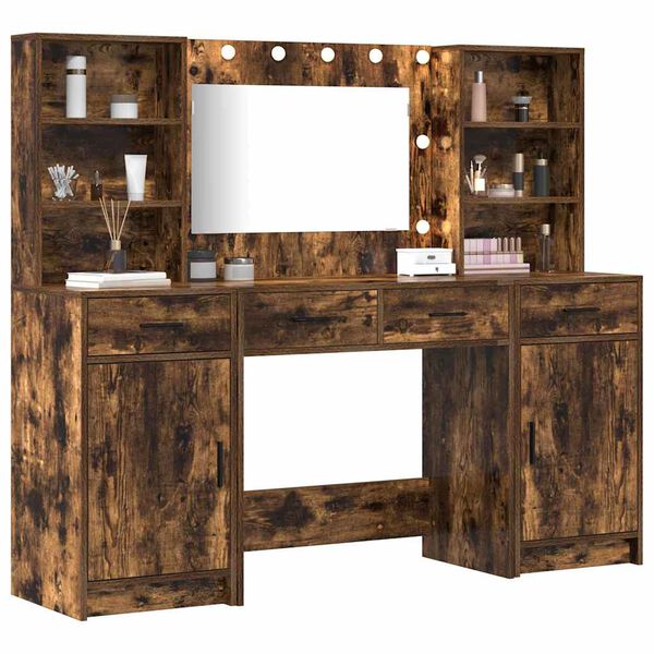 vidaXL Make-up tafel set met LED 3 pcs Gerookt eiken Bewerkt hout