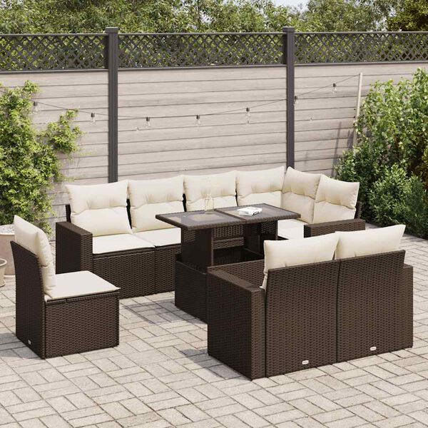 vidaXL 9-delige Loungeset met kussens poly rattan bruin