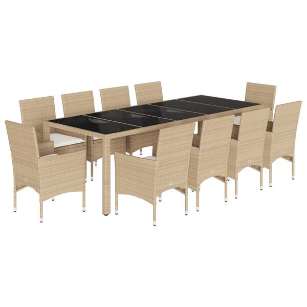 vidaXL 11-delige Tuinset met kussens poly rattan en glas beige