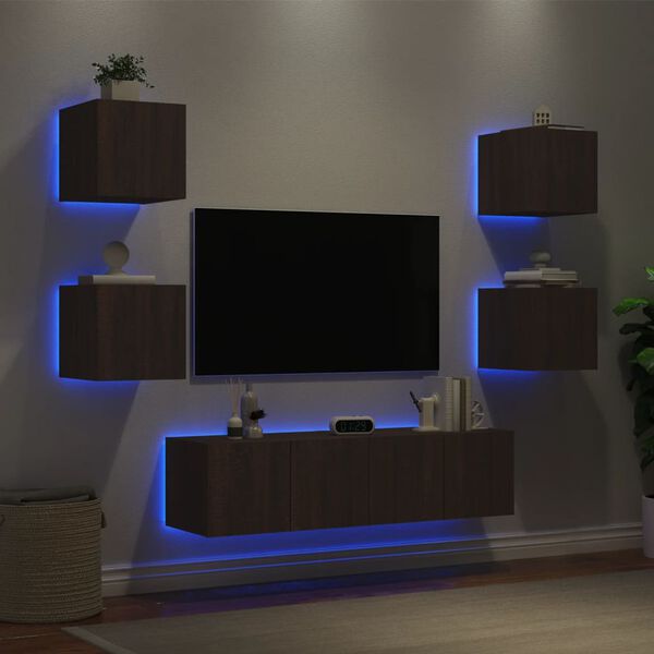 vidaXL 6-delige Tv-wandmeubelset met LED bewerkt hout bruineikenkleur