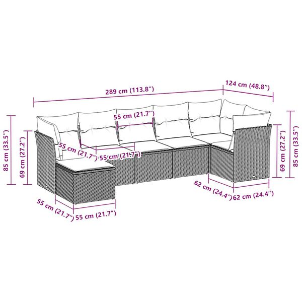 vidaXL 7-delige Loungeset met kussens poly rattan lichtgrijs