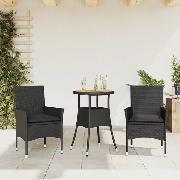 vidaXL 3-delige Tuinset met kussens poly rattan en acaciahout zwart
