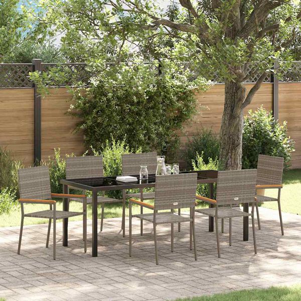 vidaXL Tuin eettafelset met kussen 7 pcs Grijs poly rattan