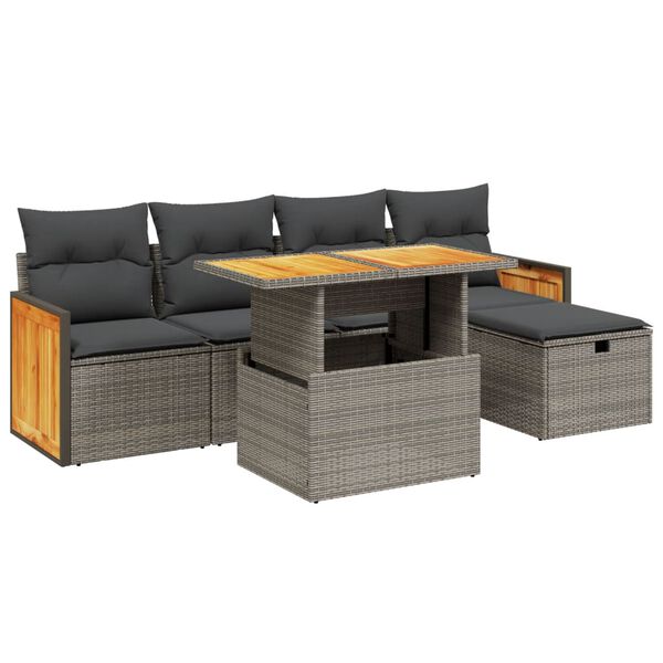 vidaXL 6-delige Loungeset met kussens poly rattan grijs