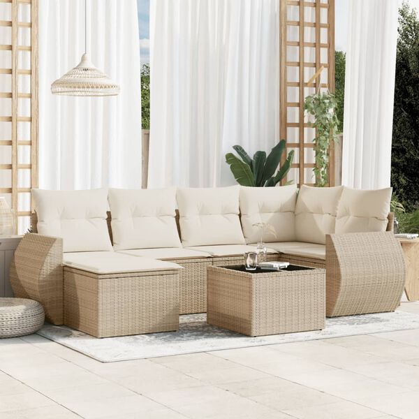 vidaXL 7-delige Loungeset met kussens poly rattan beige