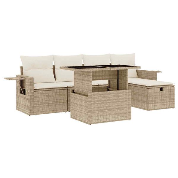 vidaXL 6-delige Loungeset met kussens poly rattan beige