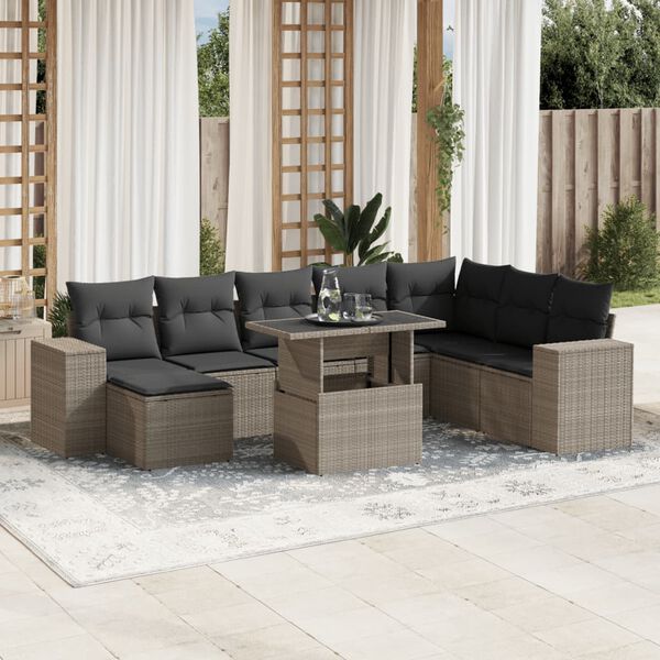vidaXL 9-delige Loungeset met kussens poly rattan lichtgrijs