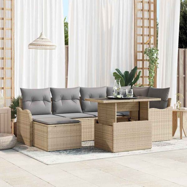 vidaXL Tuin Sofa Set met kussen met opslag 7 pcs Beige Poly riet