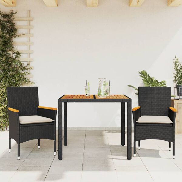 vidaXL 3-delige Tuinset met kussens poly rattan en acaciahout zwart