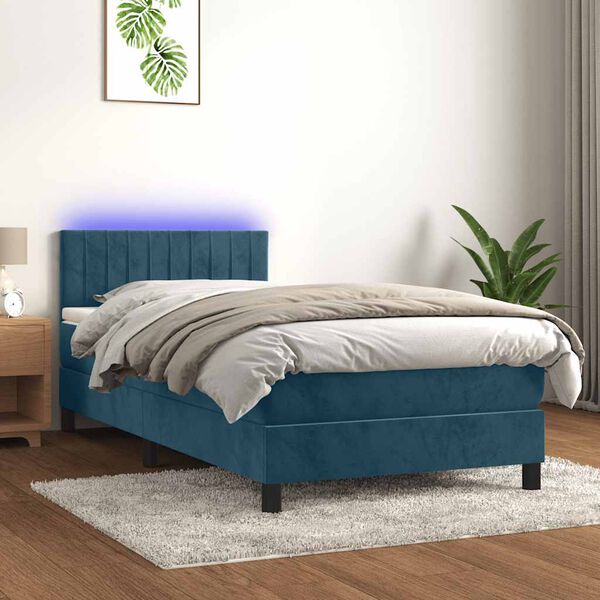 vidaXL Boxspring met matras en LED fluweel donkerblauw 90x200 cm