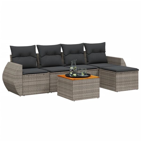 vidaXL 6-delige Loungeset met kussens poly rattan grijs