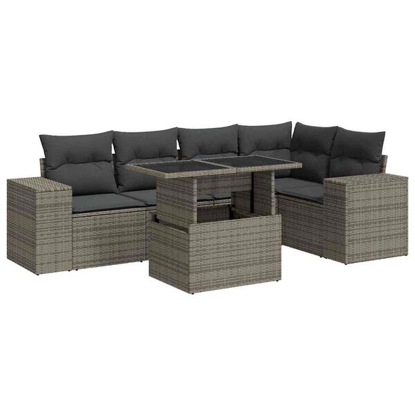 vidaXL 6-delige Loungeset met kussens poly rattan grijs