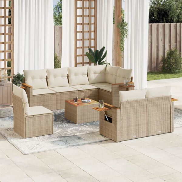 vidaXL 9-delige Loungeset met kussens poly rattan beige