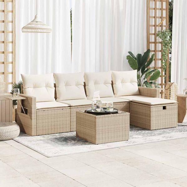 vidaXL 6-delige Loungeset met kussens poly rattan beige