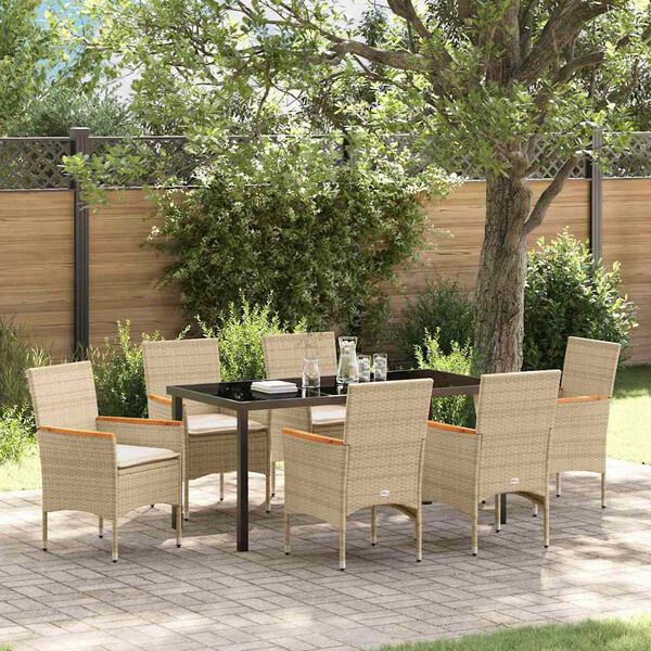 vidaXL Tuin eettafelset met kussen 7 pcs Beige poly rattan