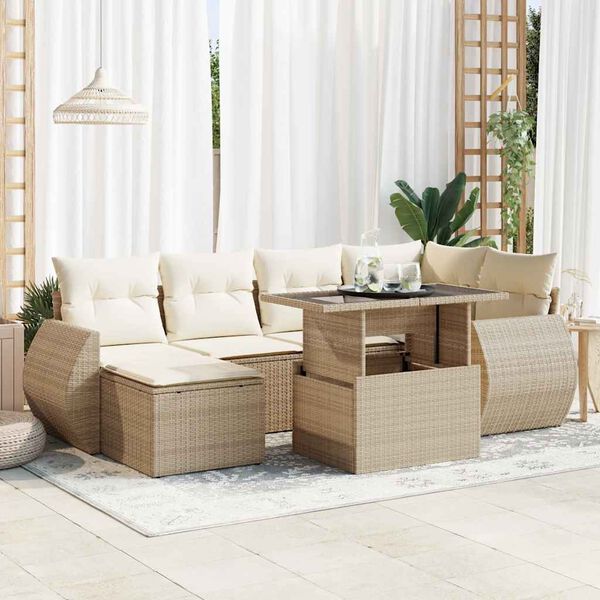 vidaXL 7-delige Loungeset met kussens poly rattan beige