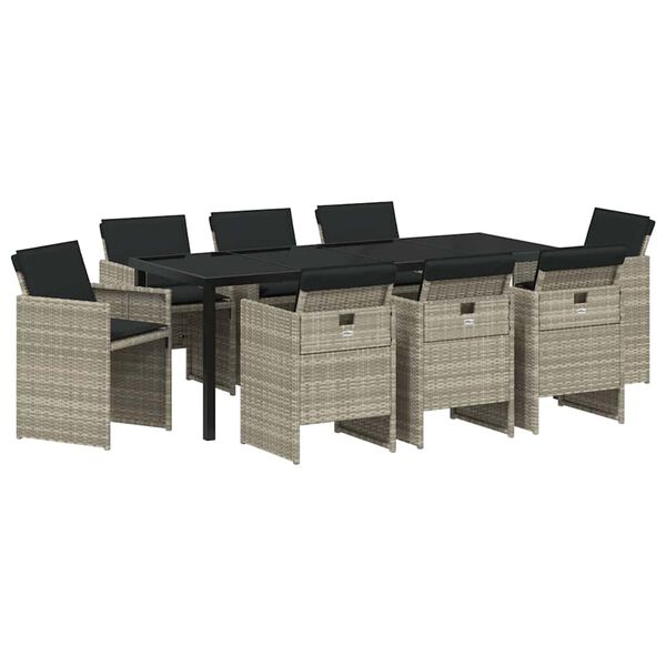 vidaXL Tuin eettafelset met kussen 9 pcs Lichtgrijs poly rattan