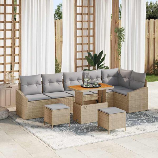 vidaXL Tuinbankenset met kussen met opslag 9 pcs Beige Poly riet