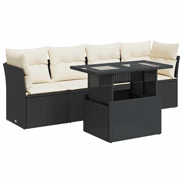 vidaXL 5-delige Loungeset met kussens poly rattan zwart