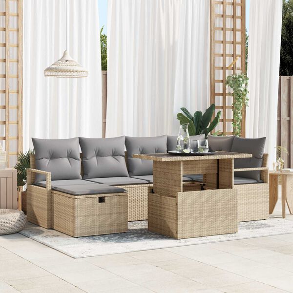 vidaXL Tuin Sofa Set met kussen met opslag 7 pcs Beige Poly riet