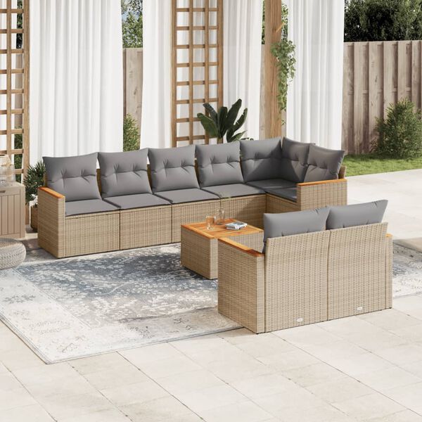vidaXL 9-delige Loungeset met kussens poly rattan gemengd beige