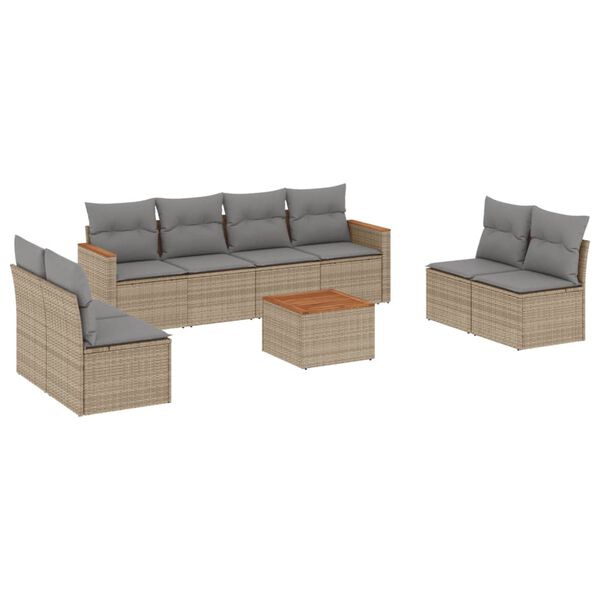 vidaXL 9-delige Loungeset met kussens poly rattan beige