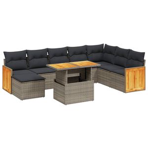 vidaXL 9-delige Loungeset met kussens poly rattan grijs