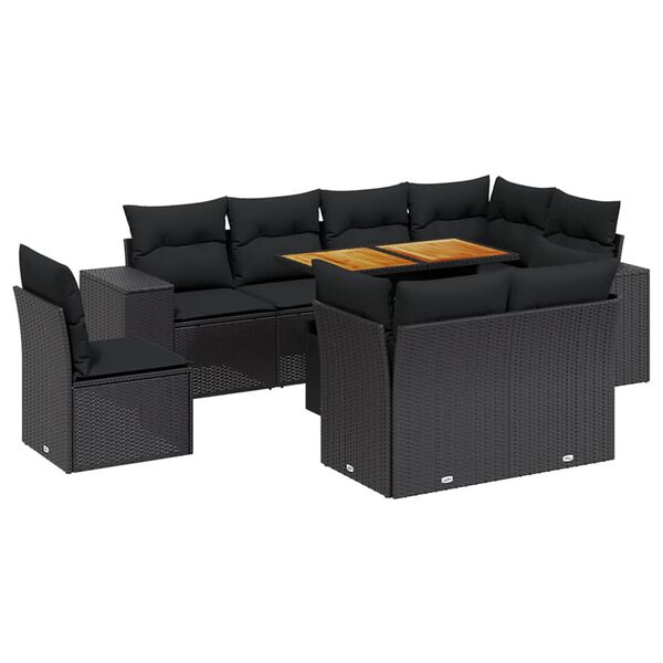 vidaXL 9-delige Loungeset met kussens poly rattan zwart