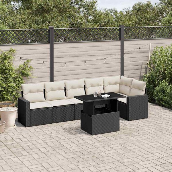 vidaXL 7-delige Loungeset met kussens poly rattan zwart