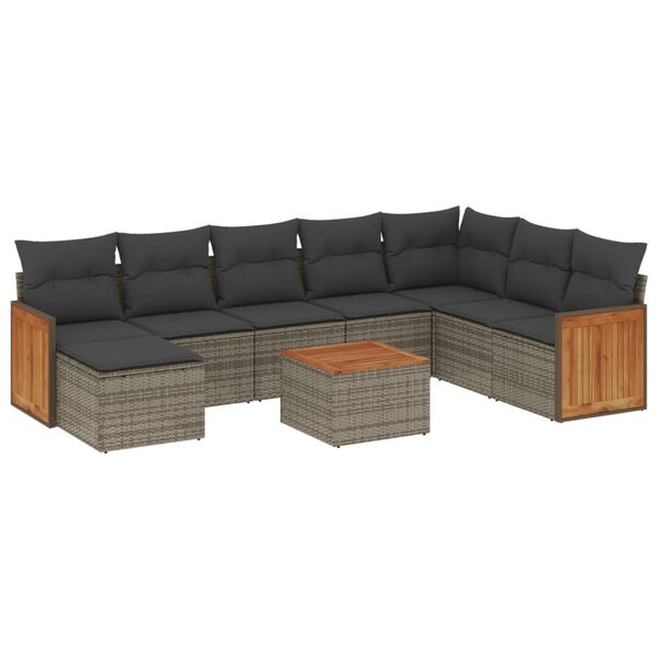 vidaXL 9-delige Loungeset met kussens poly rattan grijs