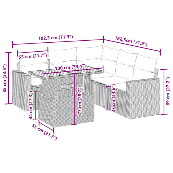 vidaXL 6-delige Loungeset met kussens poly rattan beige