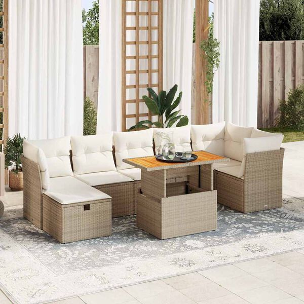 vidaXL 8-delige Loungeset met kussens poly rattan acacia beige