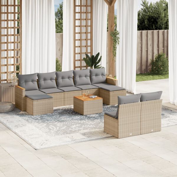 vidaXL 10-delige Loungeset met kussens poly rattan gemengd beige