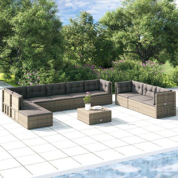 vidaXL 10-delige Loungeset met kussens poly rattan grijs
